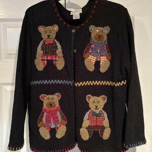 Susan Bristol Teddy Bear Sweater Cardigan Holiday Christmas